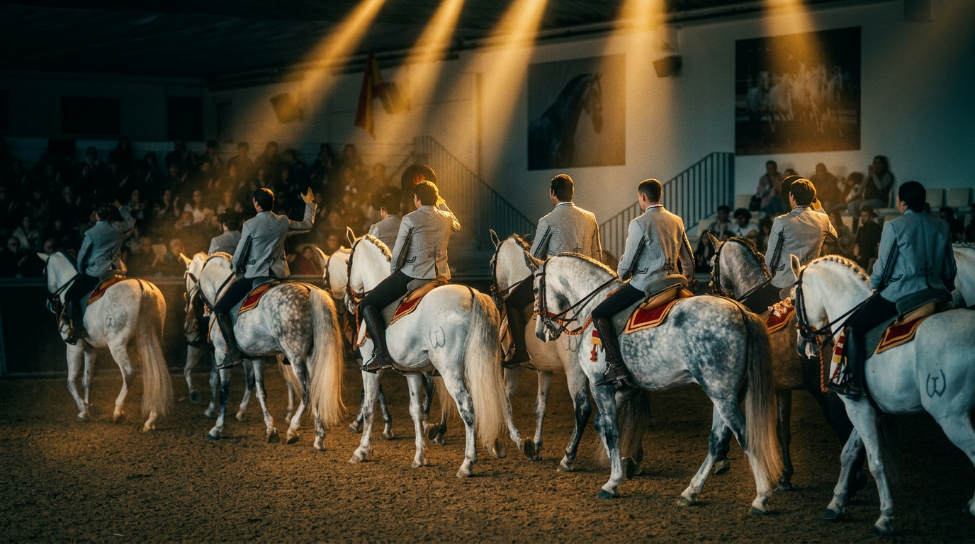 Andalusian carrousel salute under spotlight at EvenHorse